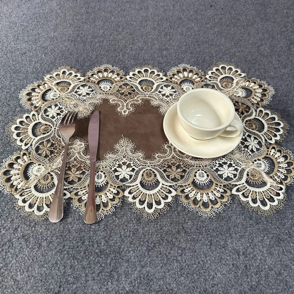 Fashionable Lace Table Cloth European Style Floral Embroidery Table Cloth Waterproof PU Mat Table Ornament