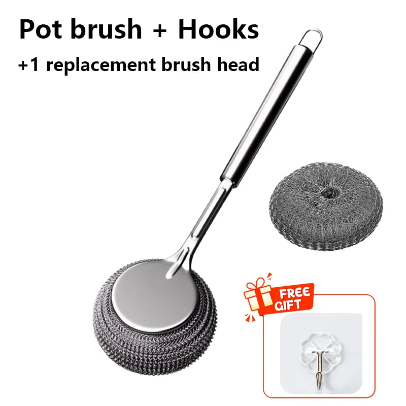 Stainless Steel Pot Brush Kitchen Special Pot Washing Steel Wool Ball Brush Long Handle Dish Cleaning Brush Pot Brush Magic Tool