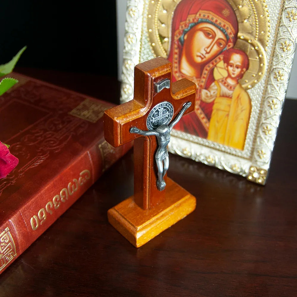 Catholic Wooden Cross with Base, Pray for your Family and Home, Handheld Religious Souvenir Statue of Jesus on Base