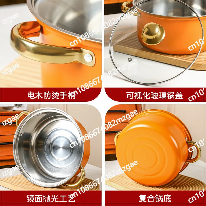 10-Piece set of pots and pans Binaural stainless steel soup pot Orange kitchen universal