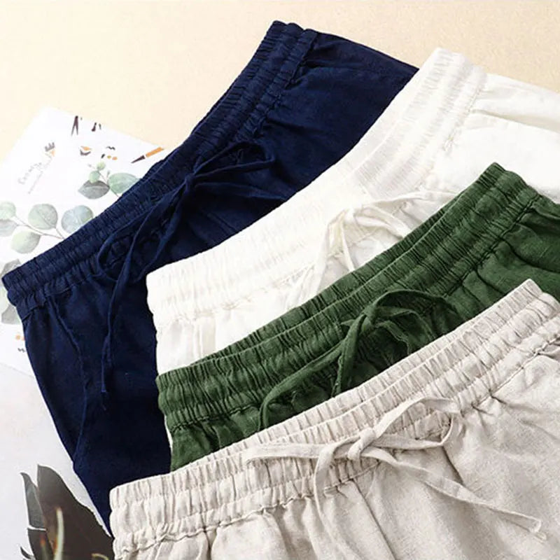 Cotton LinenCasual Solid Lace Up Elastic High Waist Loose Wide Leg Women's Pants Ankle-Length Pants For Women Clothing Fashion
