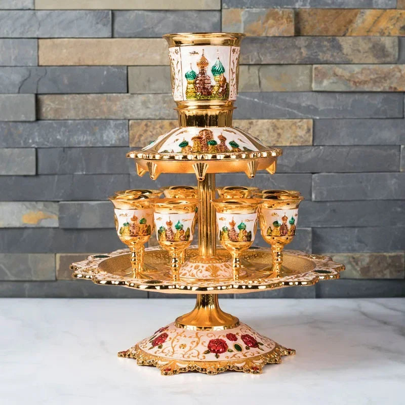 Kiddush Cup & Fountain, Dinner Gathering Wine Pouring Pot Dispenser, Wine Glass Holder Gift Set Copper Alloy