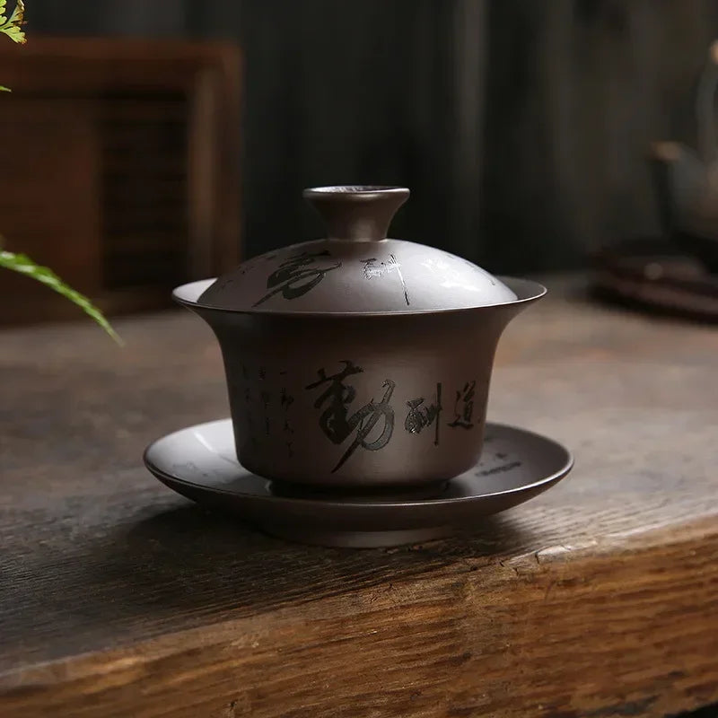 180ml Vintage Purple Clay Gaiwan Chinese Handmade Teacup Household Beauty Tea Infuser Customized Portable Tea Cup with Lid