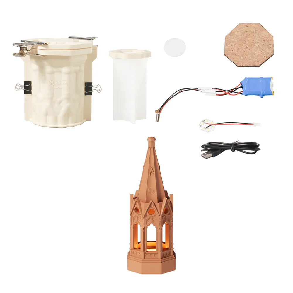 Gothic Revival Architecture Table Lamp Gypsum Silicone Mold and Accessories Dimmable Rechargeable Lamp Concrete Silicone Mold
