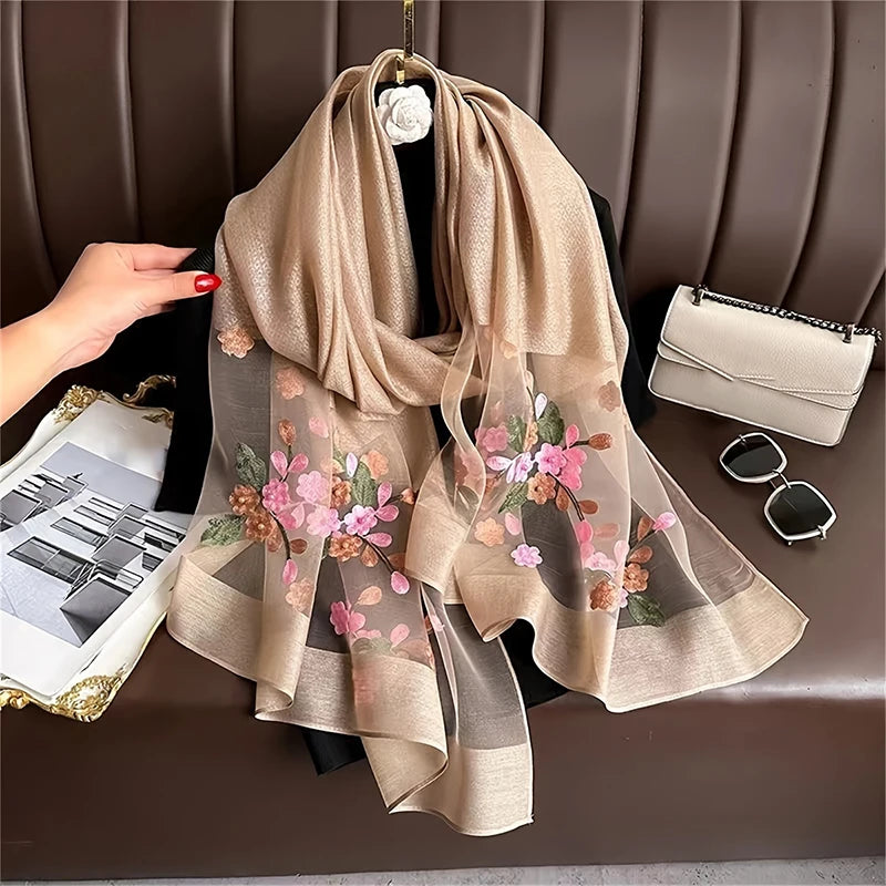 Women Silk Wool Scarf Floral Embroidery Hijab Female Foulard Spring Summer Thin Pashmina Shawls Wraps Bufanda Headscarf Stoles