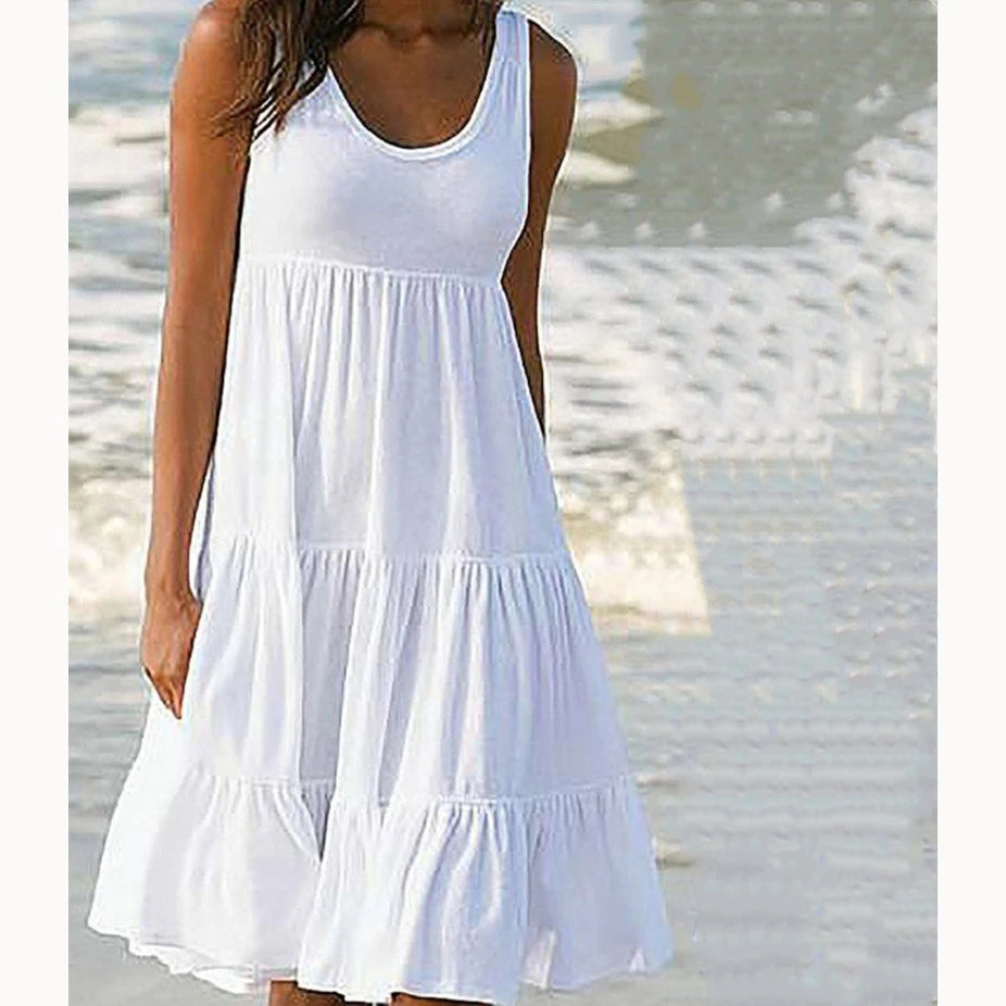 Women Causual O Neck Sleeveless Ruffles Mini Dress Boho Solid Beach Sundress Oversized Loose Dress 2023 Summer