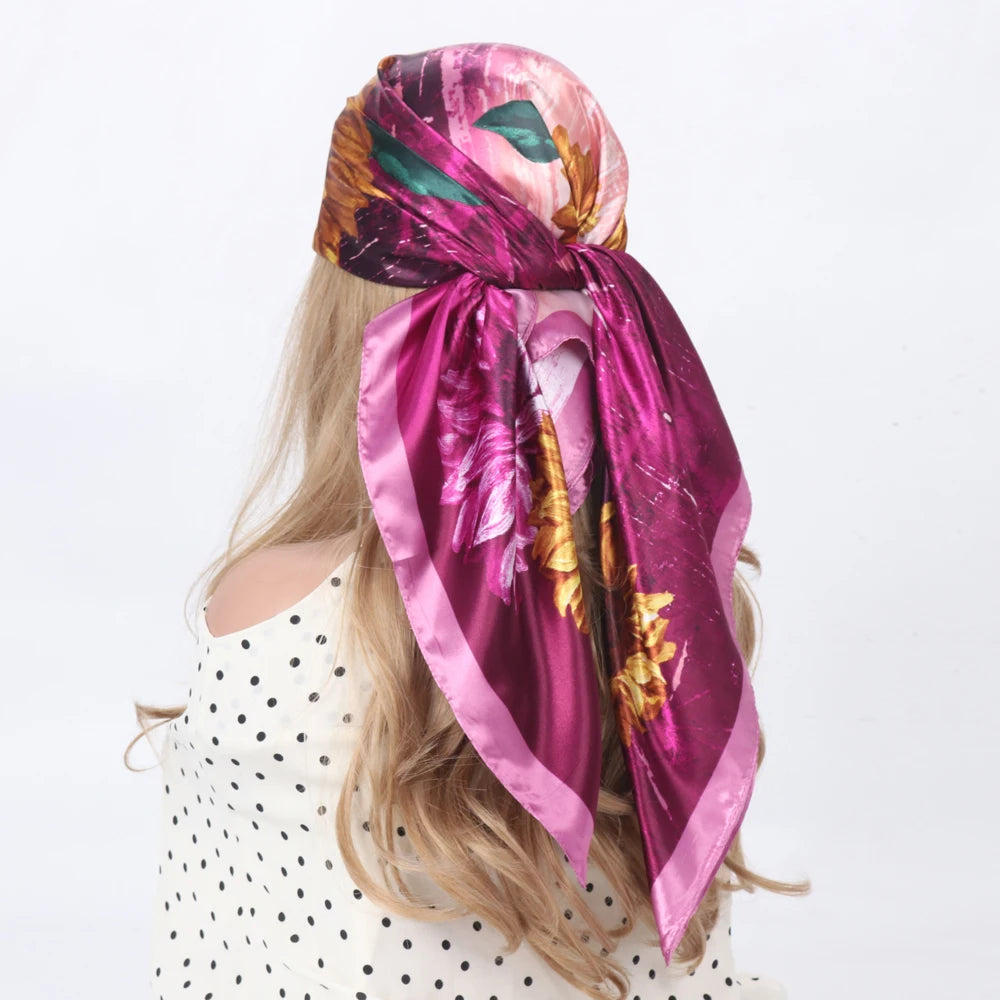 Silk Head Scarf Women Luxury Fashion Hair Scarve Summer Foulard Femme Satin Shawl Kerchief 90cm Square Headscarf Bandana Cheveux