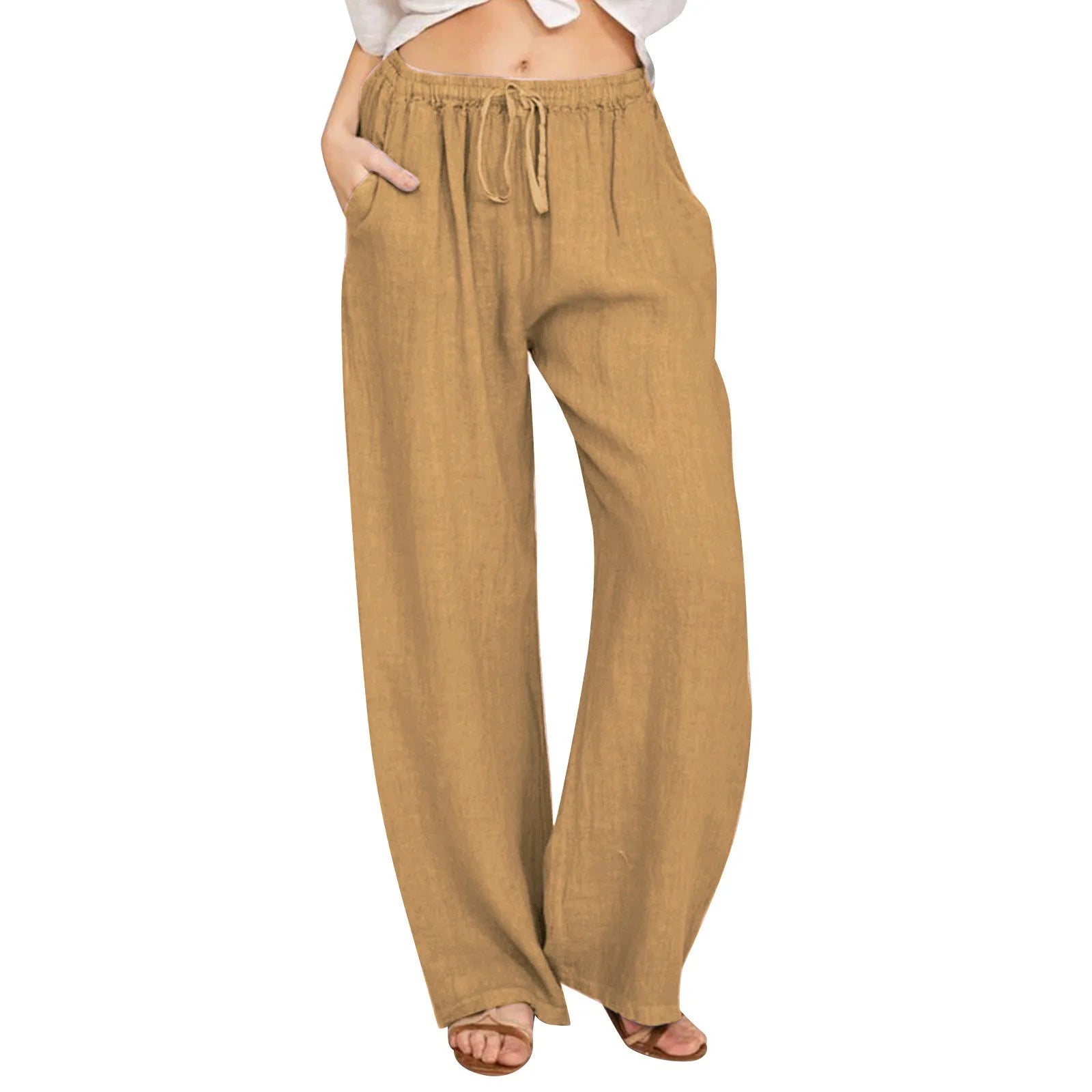 2024 Spring Summer Linen Cotton Wide Legged Pants for Women High Waist Solid Color Crop Pants Elastic Waist Casual Loose Pants
