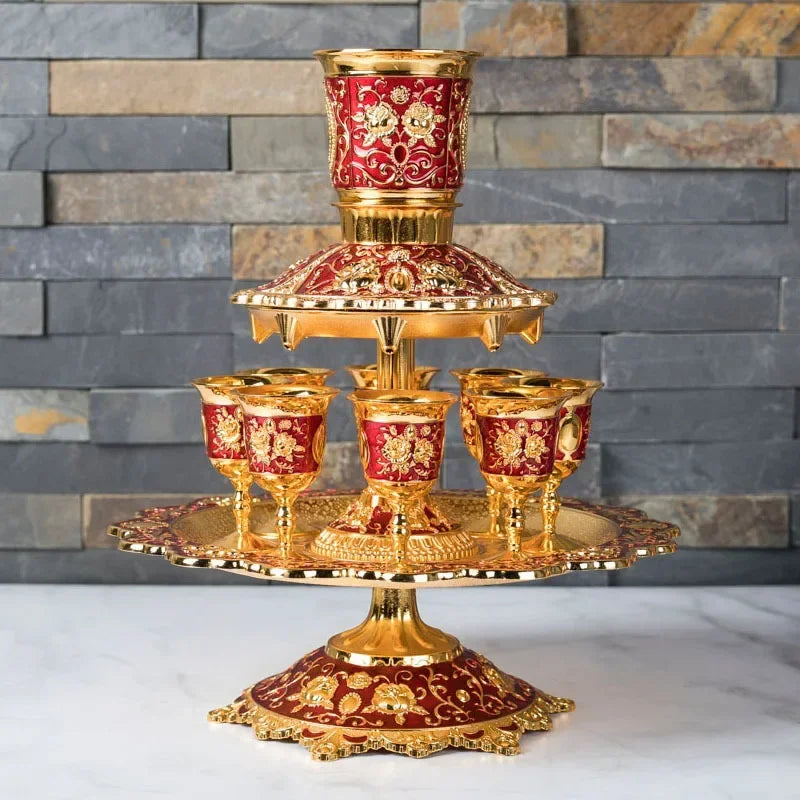 Kiddush Cup & Fountain, Dinner Gathering Wine Pouring Pot Dispenser, Wine Glass Holder Gift Set Copper Alloy