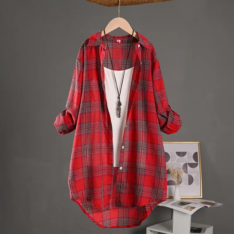 Women's Cotton Linen Plaid Shirt Mid-length Outer Wear Sun Protection Spring and Summer Loose Thin Jacket