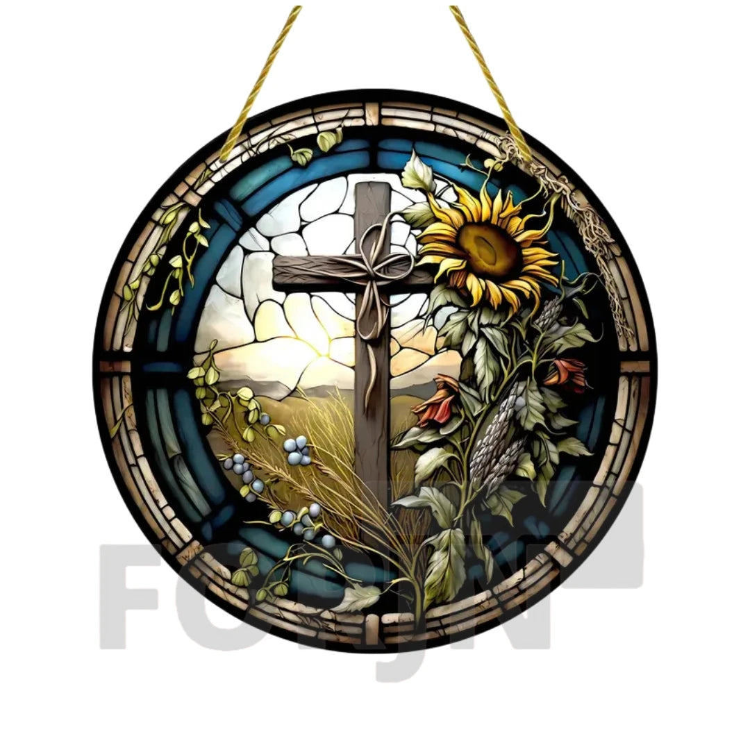 Cross Sun Catcher Acrylic Round Sign,Faux 3D Christianity Religious Pendant Plate,Home,Garden,Room,church,Holy Week&Easter Decor