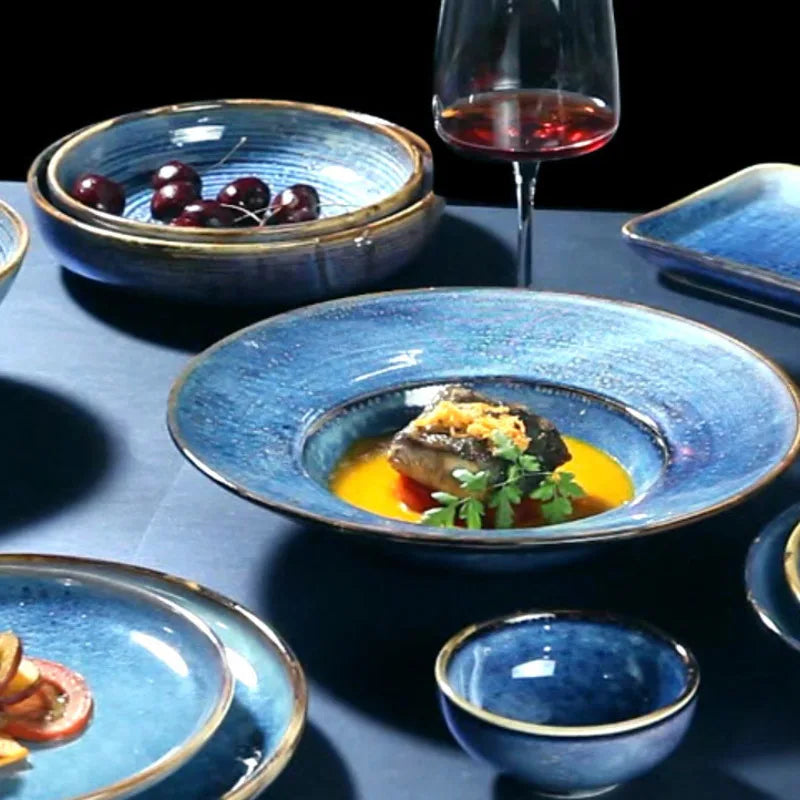 Ceramic Dinner Plate Tableware Blue Flat Dishes Dinnerware Food Serving Tray