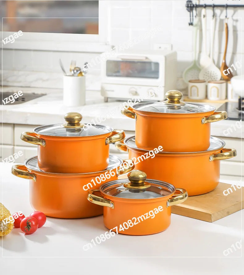 10-Piece set of pots and pans Binaural stainless steel soup pot Orange kitchen universal