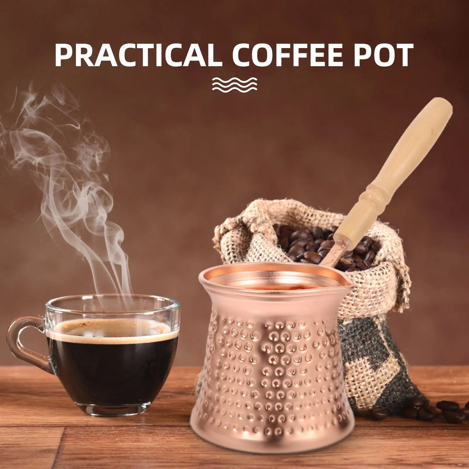 Turkish Coffee Pot Milk Jug with Wooden Handle Kitchen Coffee Heating Pot Copper Alloy Drinkware, 350ml for Home Espresso