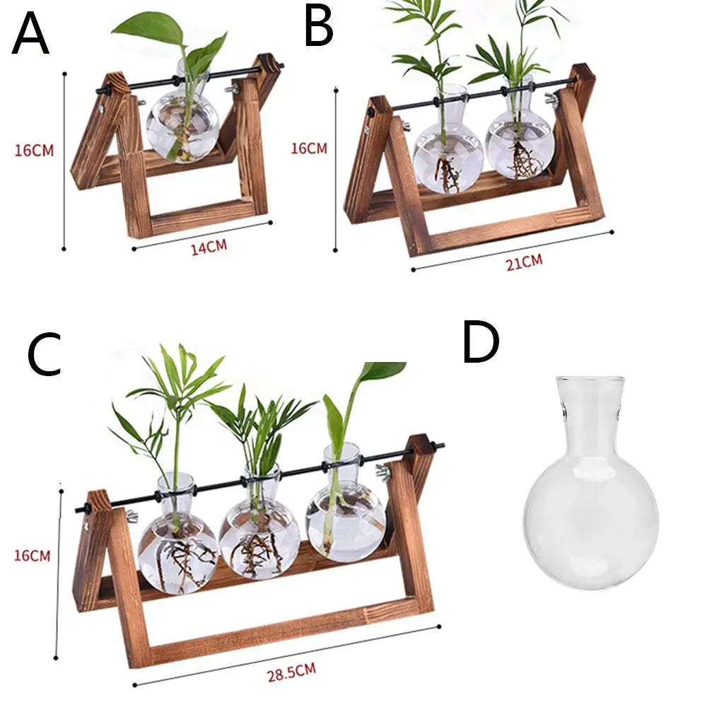 Vintage Hydroponic Plant Vases Glass Vase Vintage Bonsai Flower Pot Terrarium Tabletop Tray Wooden Frame Home Decoration