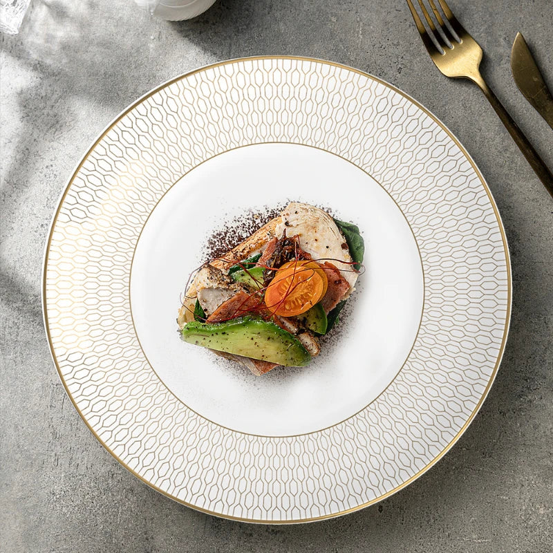 New Bone China Dinner Plates Luxury Gilded Lace Ceramic Tableware Set Feast Porcelain Western Plate Cake Dish Home Decor