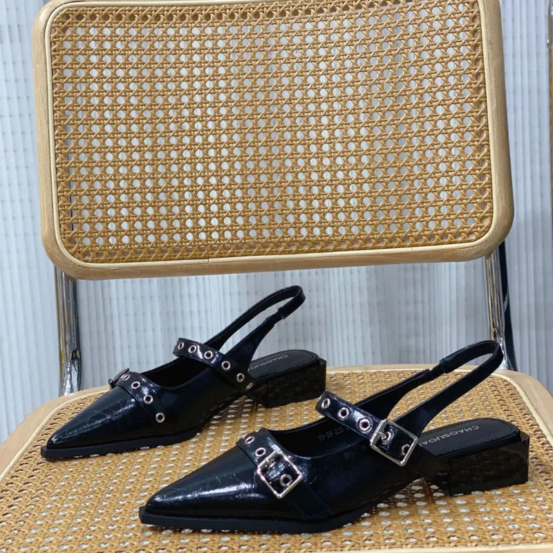 Leather Women's Sandals Outdoor with Low Heels Ladies Shoes Buckles Black Mules 2024 Trending Summer Offers The Best Designer Or