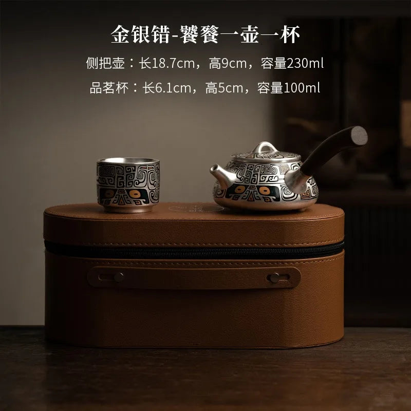 Silver Tea Set 999 Pure Silver Side Handle Stone Ladle Teapot Handmade Gilded Silver Teapot Household Kung Fu Teapot