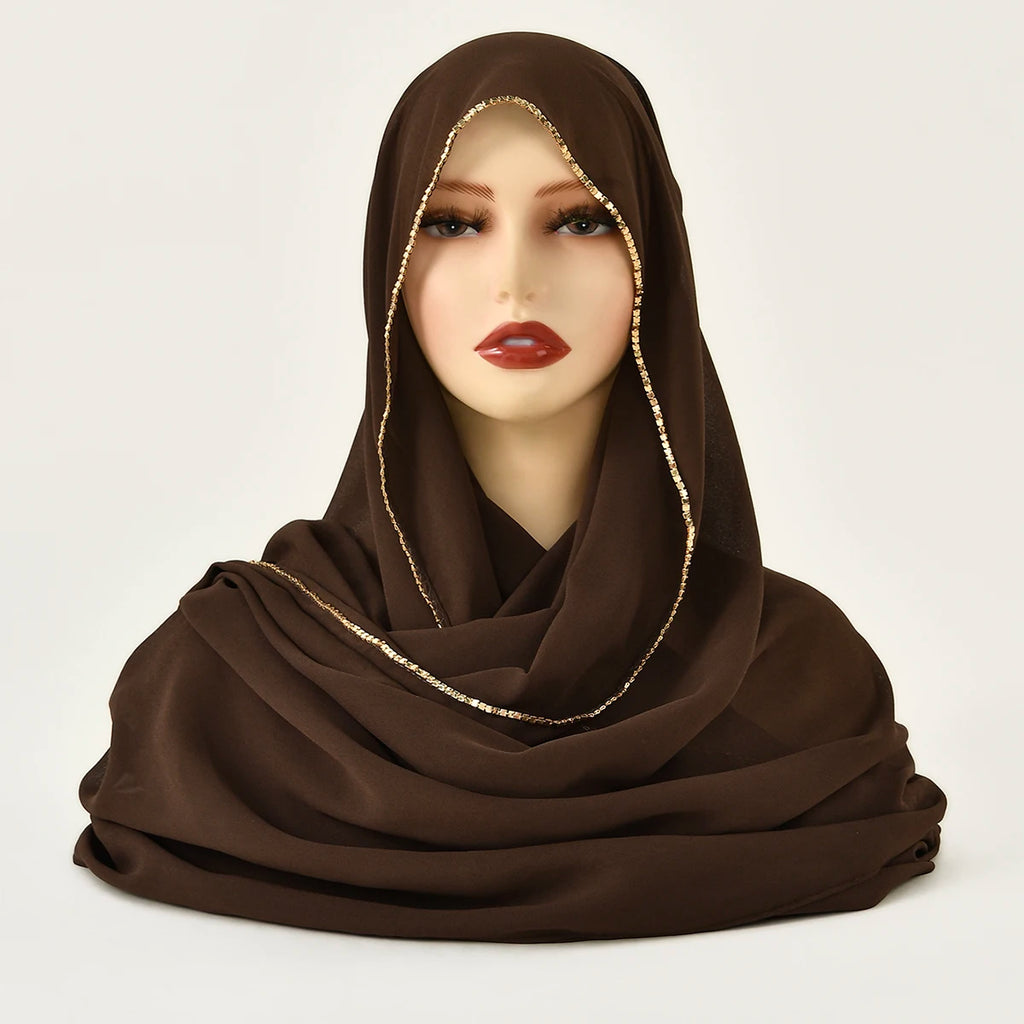 Rhinestone Chiffon Hijab Scarf For Women Stretch Shawl Plain Muslim Headband Fashion Solid Color Long Muffler