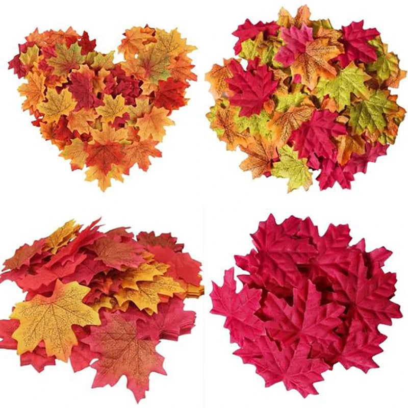 100pcs Artificial Autumn Maple Leaves Thanksgiving Halloween Mixed Fall Colored Leaf Wedding Thanksgiving Day Party Table Decor