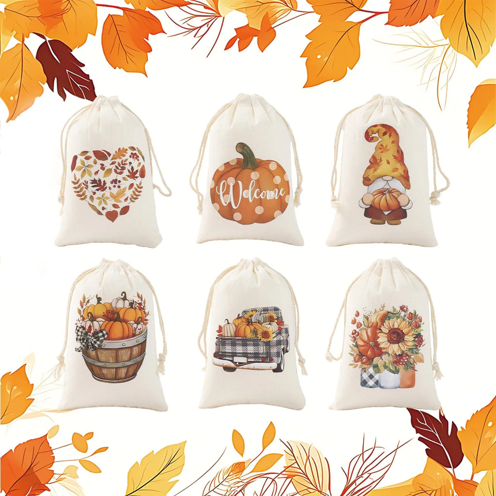 6pcs Thanksgiving Burlap Candy Bags Autumn Maple Leaf Jute Linen Treat Gift Bags for Thanksgiving Party Kids Cookies Pack Bags