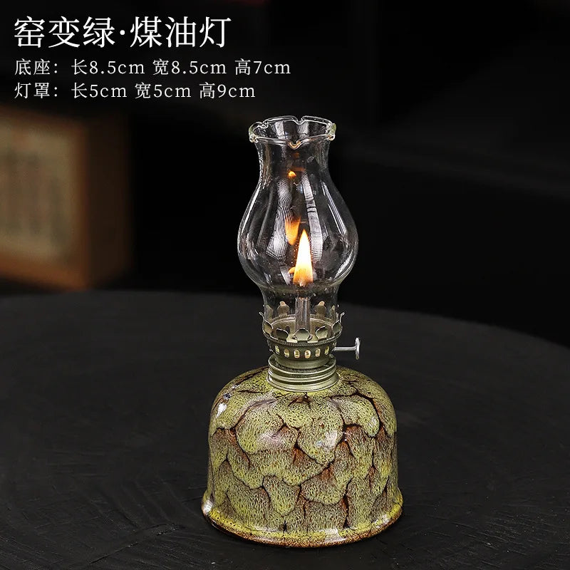 Vintage ceramic oil lamp, old desktop nostalgic butter lamp, home lighting atmosphere decoration ornaments, photography props