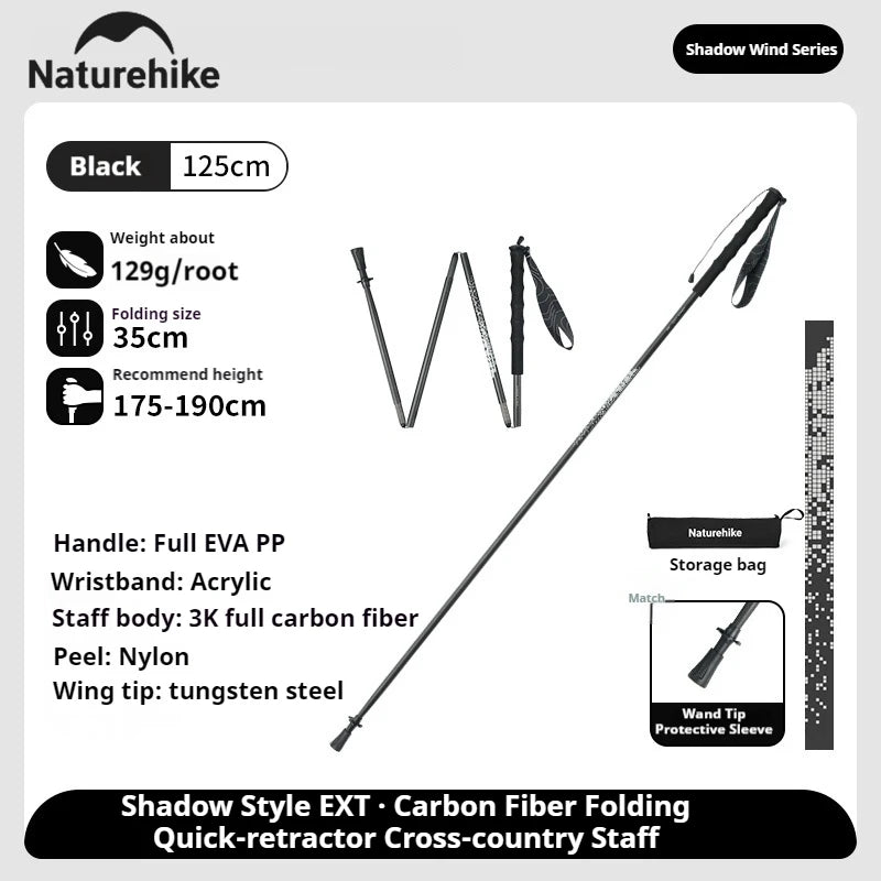 Naturehike Folding Trekking Pole 3K Carbon Fiber Ultralight Collapsible Cane Portable Walking Staff for Outdoor Hiking Sticks