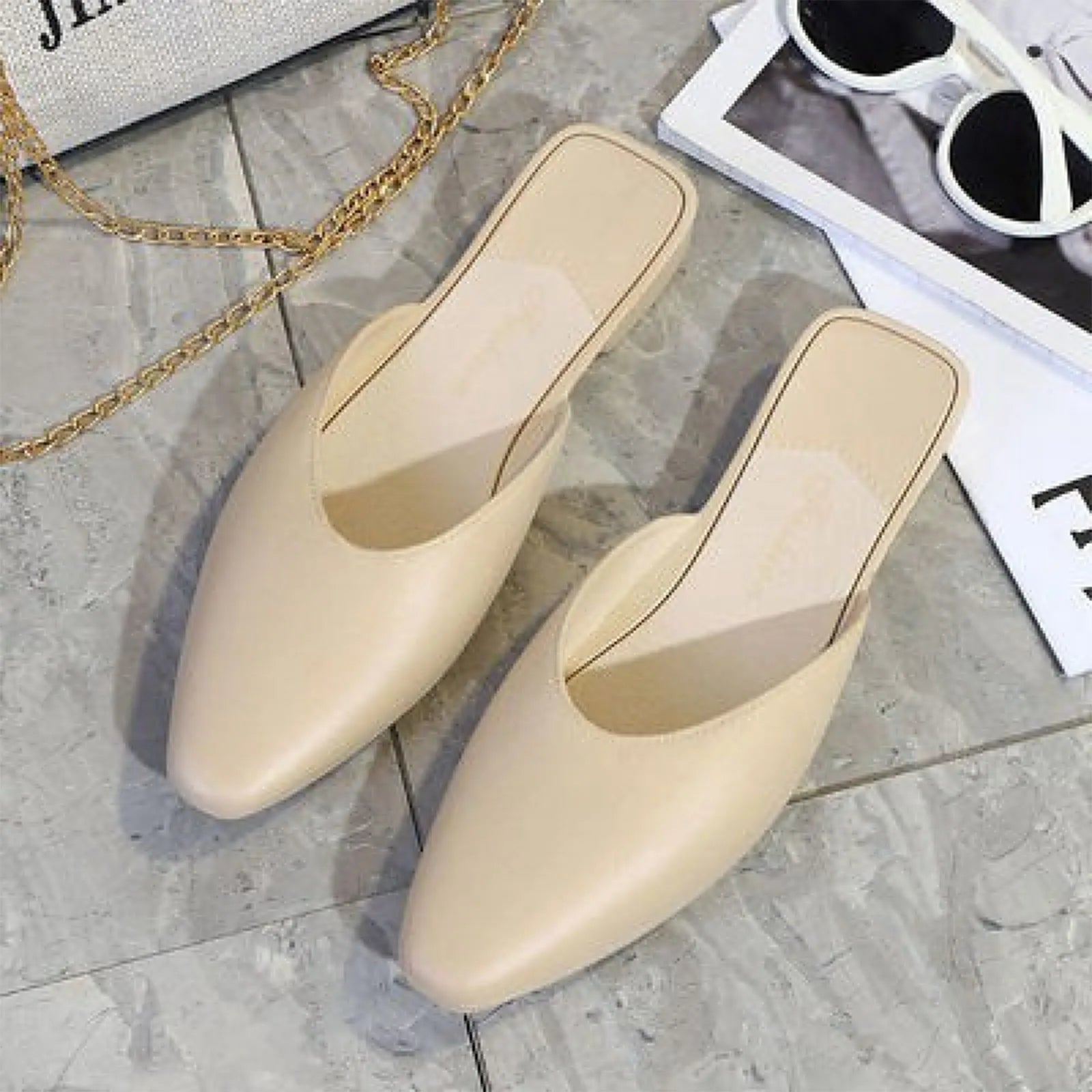 Fashion Women's Outdoor Flat Low-heeled Slip-on Lazy Sandals Semi-slip-on Pointed-toe Shoes Elegant Women Mules Concise Slippers