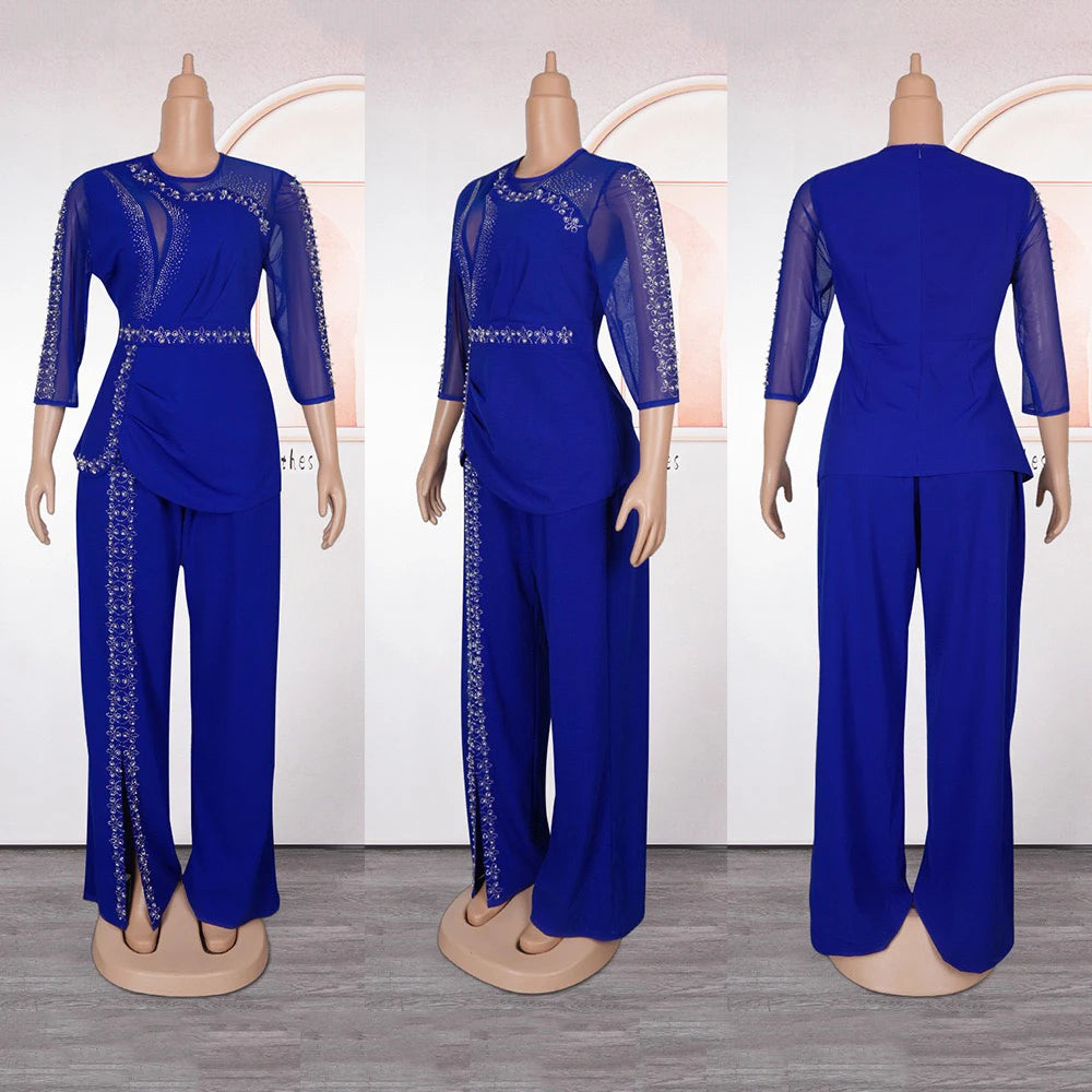 Women 2 Pieces Pants Sets African Ladies Blouse & Long Trousers Beaded Diamond Transparent Sleeve Fashion Business Work Outfits