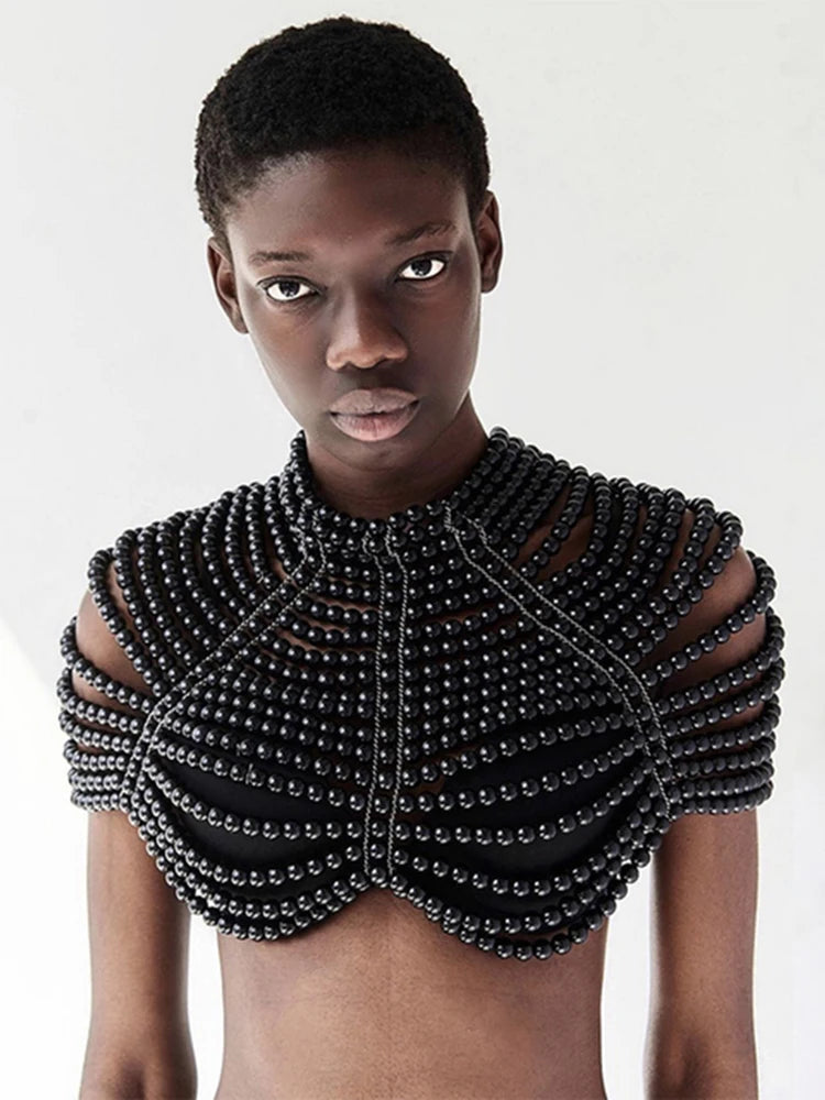 Fashion Pearl Shawl Tops Women 2025 O-neck Handmade Beading Shawl Top Ladies Party Female Elegant Shawl Tops