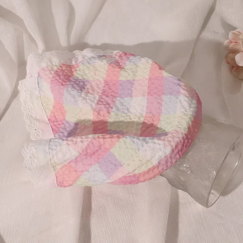 Red Woven Plaid Lace Hair Scarf Wraps Women Retro Triangle Headscarf Hat Travel Photo Headband Girl Hair Accessories