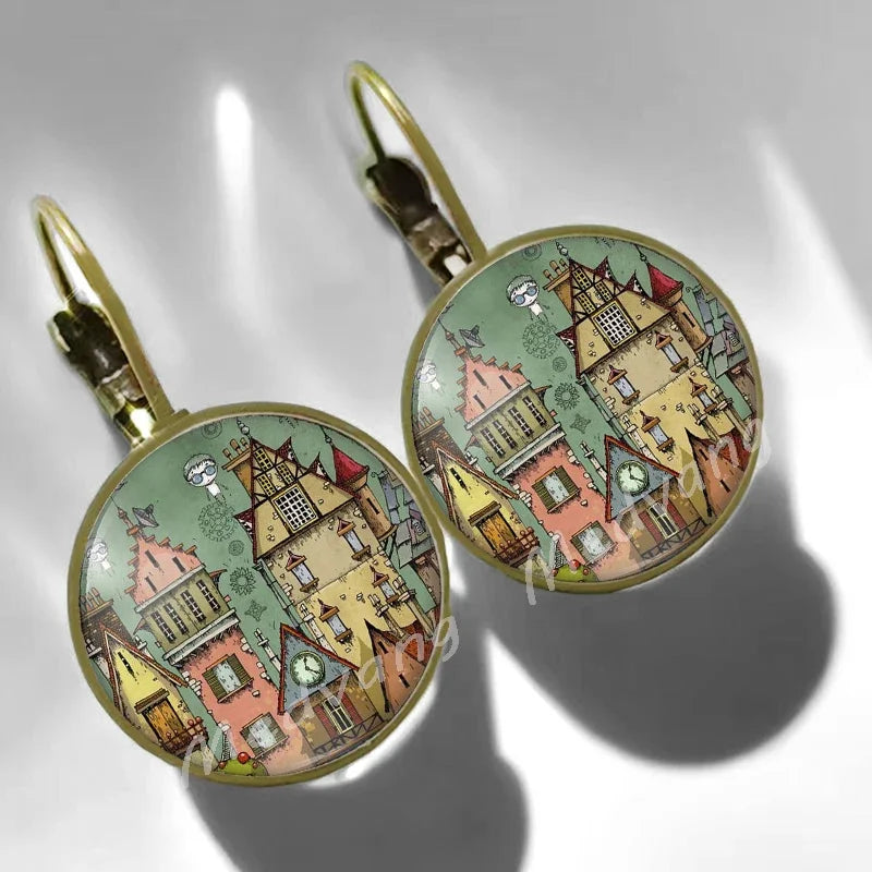 2024 Natural Scenery Earrings beautiful village Women Stud Earring  Abstract Oil Painting House Glass Cabochon Earrings  jewelry