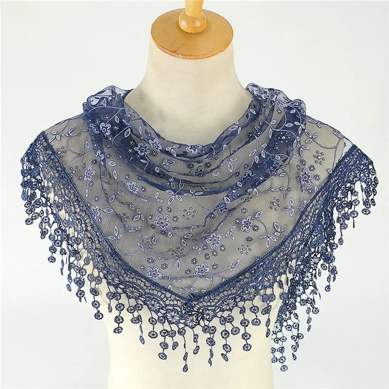 Fashion Women Triangle Wrap Fringed Shawls Head Scarf Tassel Embroidery Lace Scarves Flower Hijab Bandana Prayer Kerchief Church