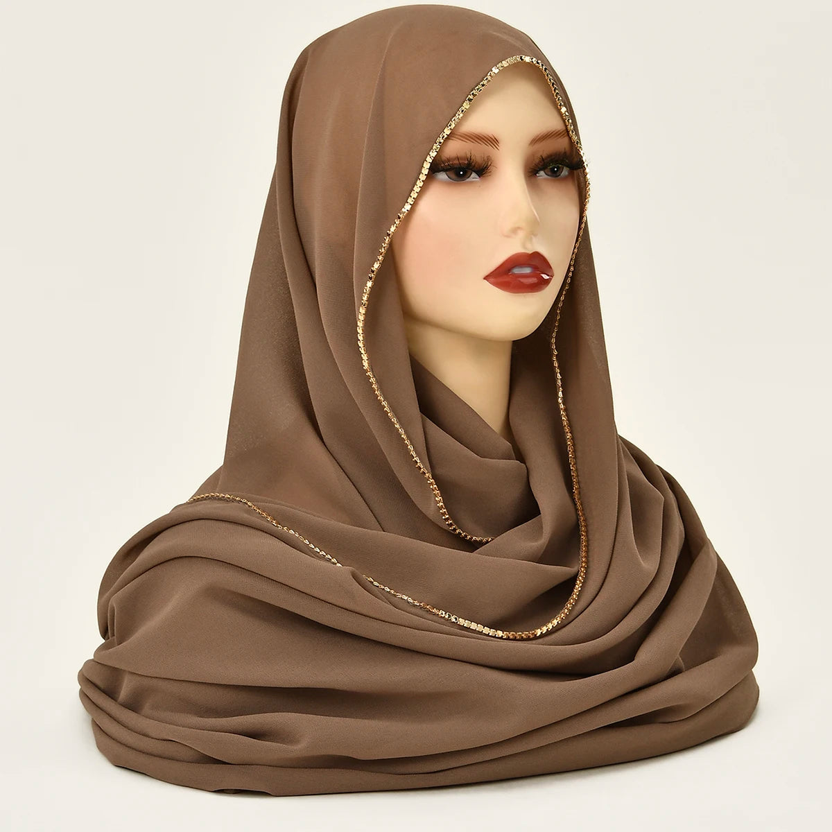 Rhinestone Chiffon Hijab Scarf For Women Stretch Shawl Plain Muslim Headband Fashion Solid Color Long Muffler
