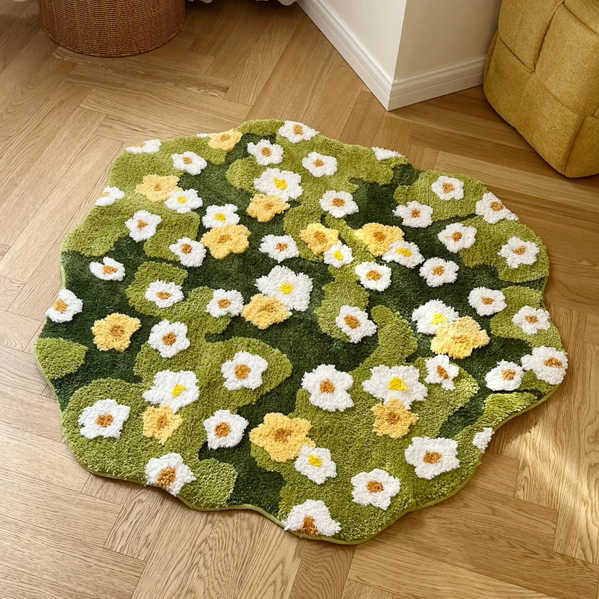 Daisy Tufting Moss Bathroom Mat Soft Bedroom Rug Meadow Green Plants Living Room Carpet Bedside Floor Pad Aesthetic Home Decor