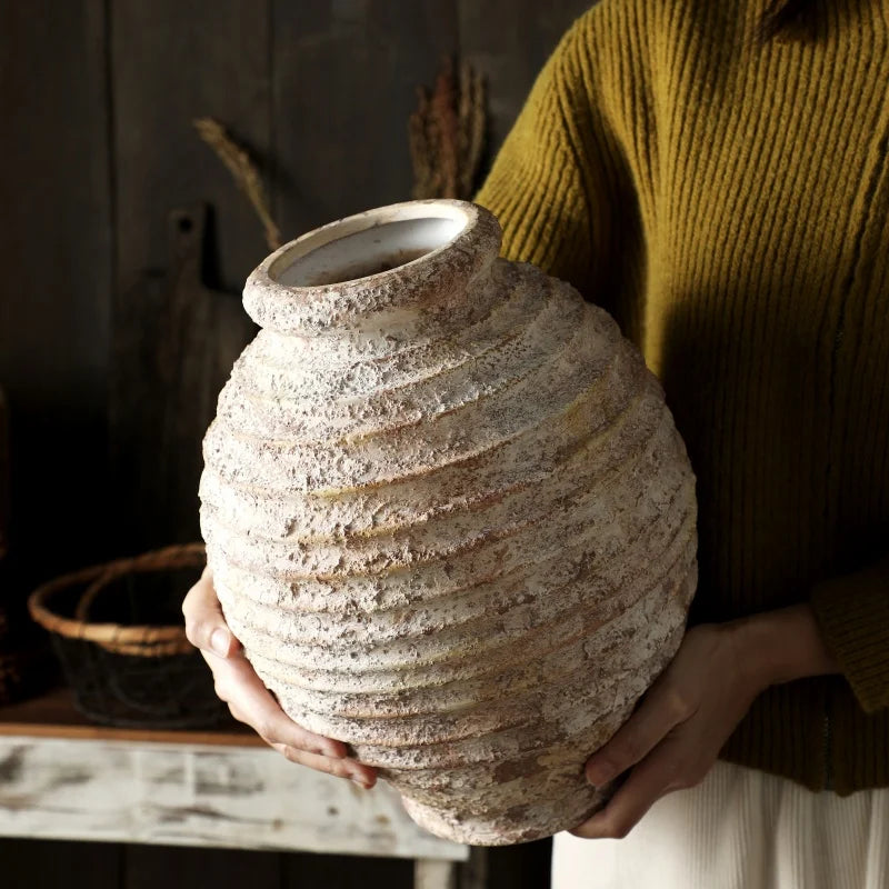 Retro Nostalgic Rough Clay Pottery Vase 21.5CM High Vasen Room Decoration Vases Vintage Handmade Style Home Decor Items