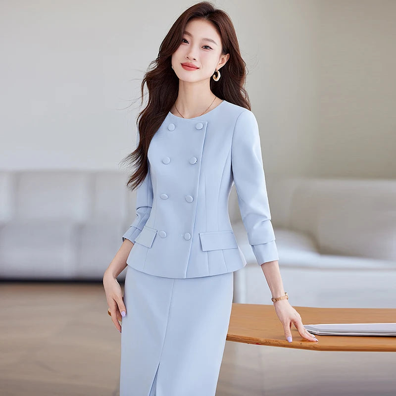 NAVIU 2 Pieces Set Women Double Breasted Blazer Korean Drama Star Elegant A Line Knee Length Slit Stirts Women Work Wear Blue