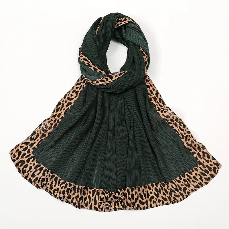Hot Leopard Print Wrinkles Hijab Scarf Polyester Muslim Woman Hijab Shawls Lady Soft Long Wraps Femme Elegant Bandana Turban