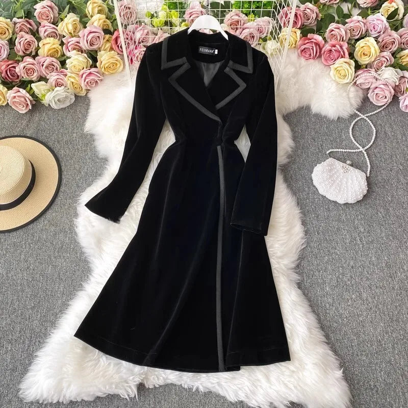 Autumn Winter Velvet Trench Blazer Dress Women Suit Coat Long Sleeve Solid Office Lady Work Dresses Windbreaks