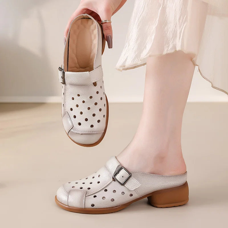 2025 Cow leather low heel sandals women's hollow out mules shoes woman buckle strap slipper sandals ladies elegant slip on shoes