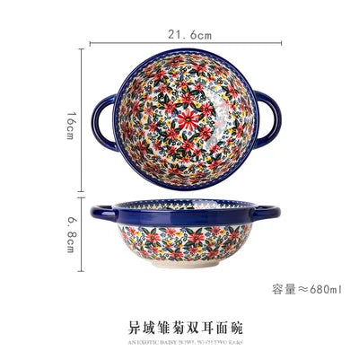 New Ceramic Bowls Polish Style Bakeware Baking Binaural Bowl With Handle  Tableware Salad Dessert Steak Pasta Plate