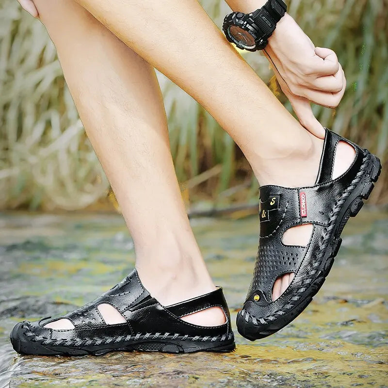 Men Genuine Leather Shoes Men's Sandals Durable Handmade Stitching Close Toe Non Slip Shoes For Indoor Outdoor Beach Casual