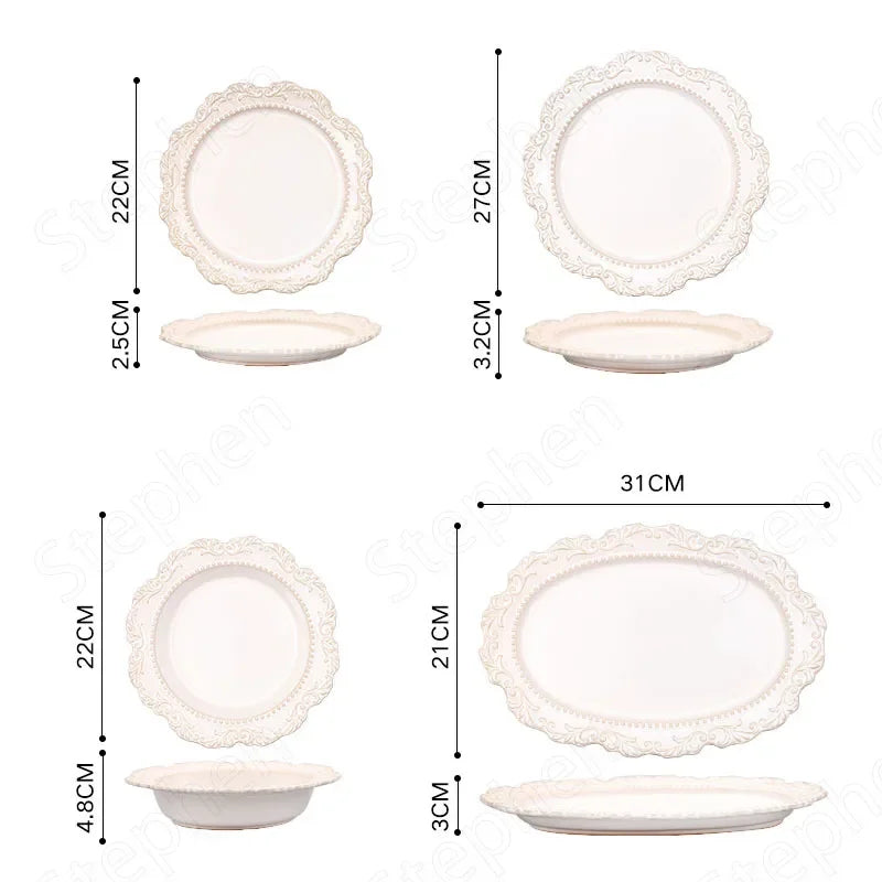 French Baroque Vintage Relief Dinner Plate Nordic Vintage Solid Color Carving Craft Dishes and Plates Sets Household Kitchenware