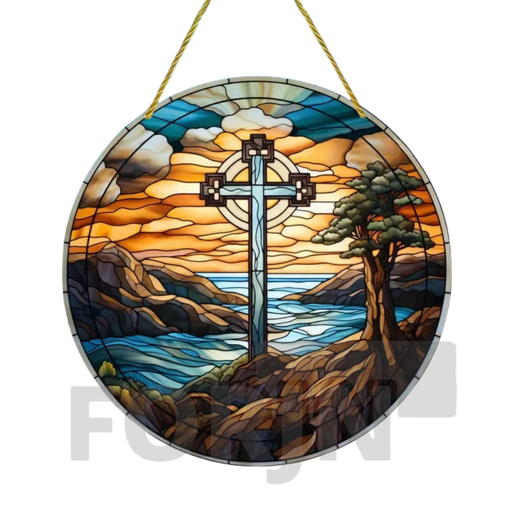 Cross Sun Catcher Acrylic Round Sign,Faux 3D Christianity Religious Pendant Plate,Home,Garden,Room,church,Holy Week&Easter Decor
