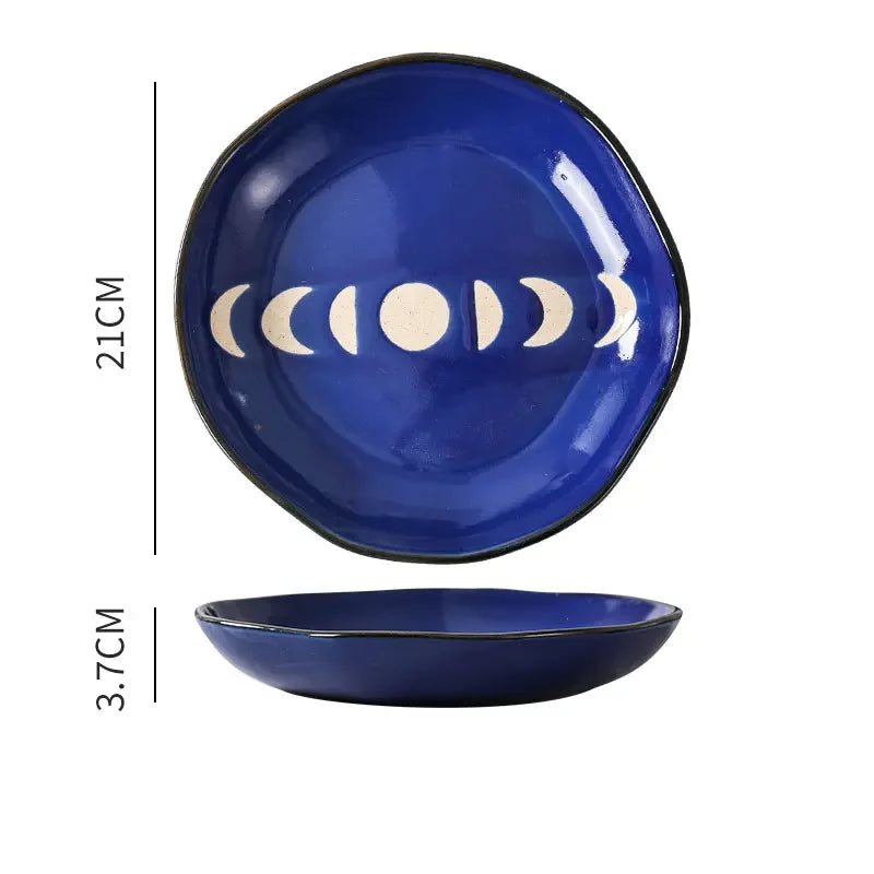 Japanese Vintage Hand Painted Dots Daisy Pottery Deep Plates Creative Moon Star Steak Flat Plate Handmade Salad Dinner Dishes