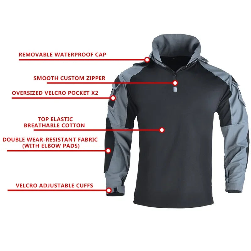 Tactical Shirt Airsoft Paintball Work Clothing Combat Shirts Cotton Multi Pockets Camo  Shirts Hooded Tops