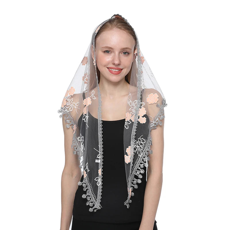 Fashion Church Shawl Lace Veil Polyester Scarf Bandana Church Prayer Wedding Mantilla Chapel White Embroidered Hijab Women Scarf