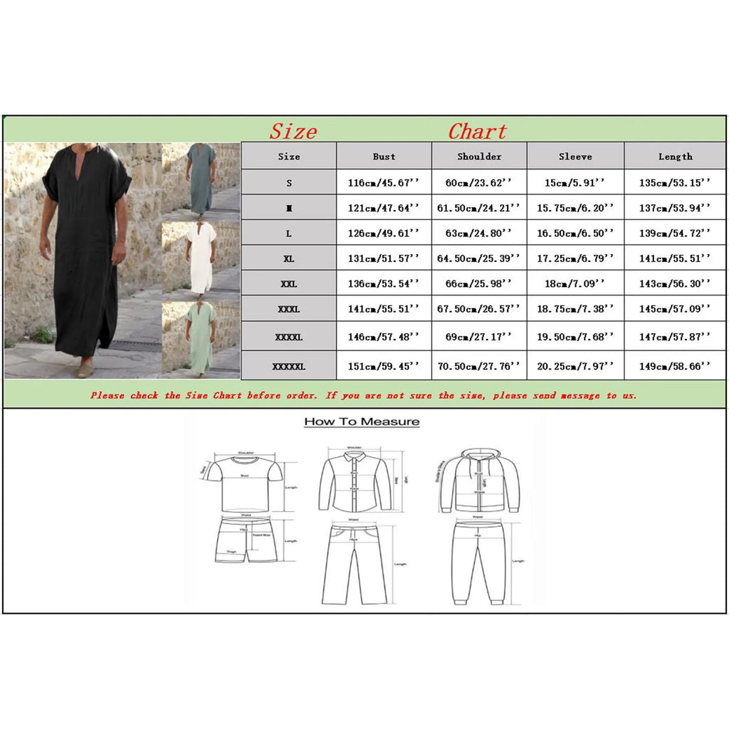 Men's Cotton Linen Long Robe Short Sleeve V Neck Jubba Thobe Arabia Muslim Costume Kaftan Arab Islamic Loose Casual Clothes 2024