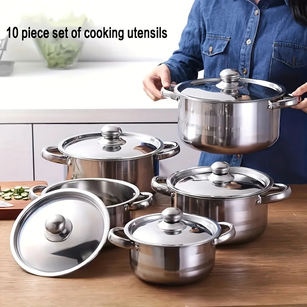 Luxury 10 stainless steel cookware set suit-5 size with cover, durable and versatile (6.3 - 7 - 7.9 - 8.6 - 9.4 inch)