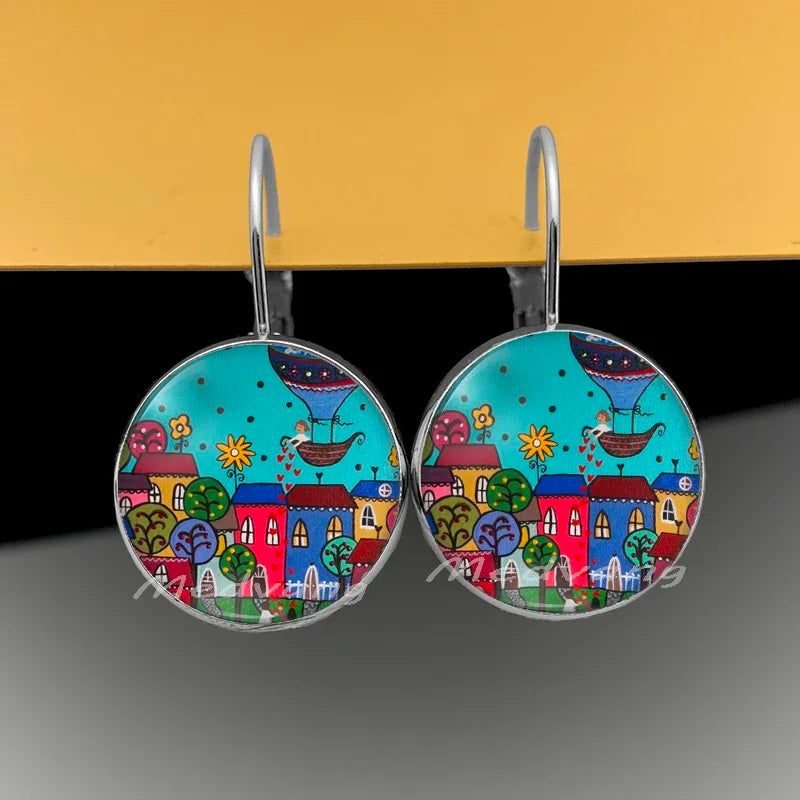 2024 Natural Scenery Earrings beautiful village Women Stud Earring  Abstract Oil Painting House Glass Cabochon Earrings  jewelry